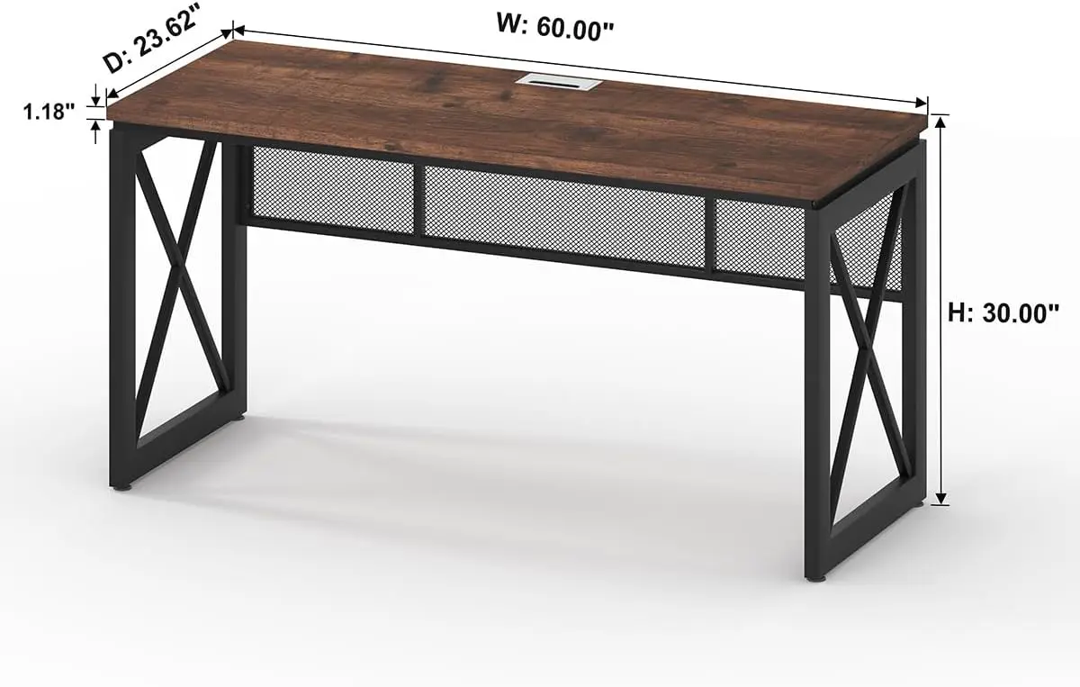 Mesa de computador de 60 polegadas para escritório doméstico, mesa de madeira de metal industrial, mesa de escrita grande de fazenda