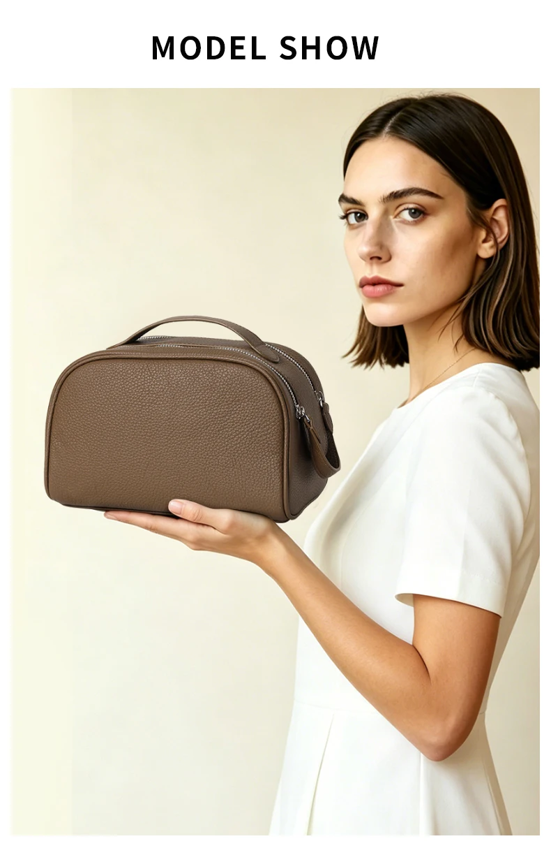 Damen-Kulturtasche aus genarbtem Leder, große Reise-Kosmetiktasche mit Griff, ideal für Reisen und den täglichen Gebrauch – Detail 1