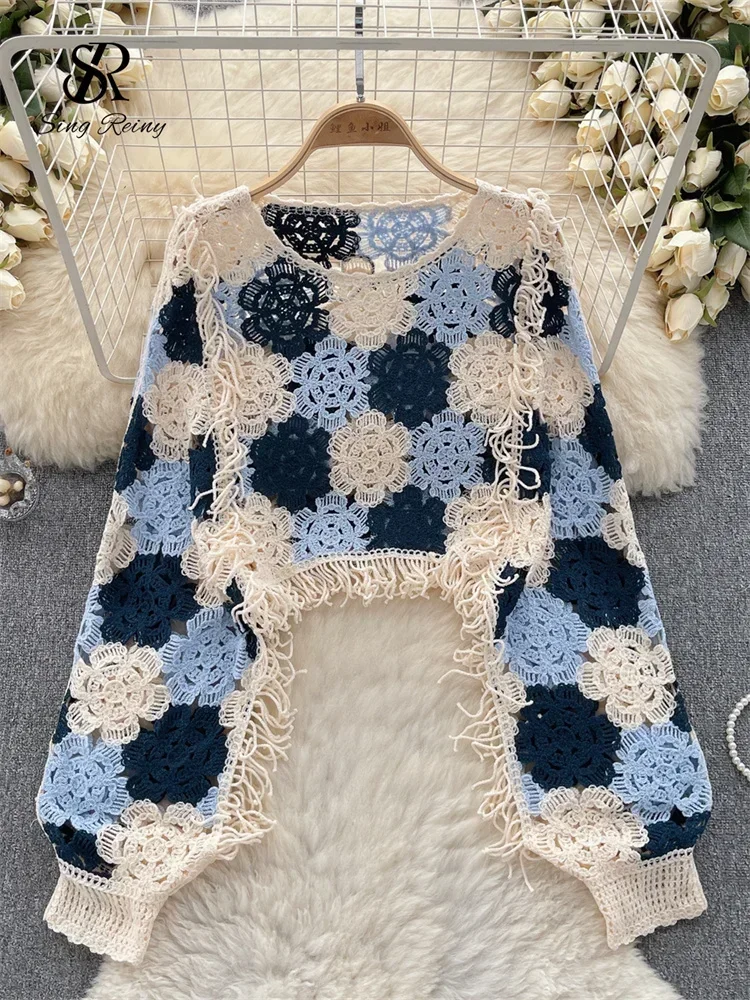 

2024 New Tassels Knit Hollow Out Tops Hook Flower Long Sleeves Women Streetwear Fashion Chic Bohemian Y2k Vintage Loose Blouse