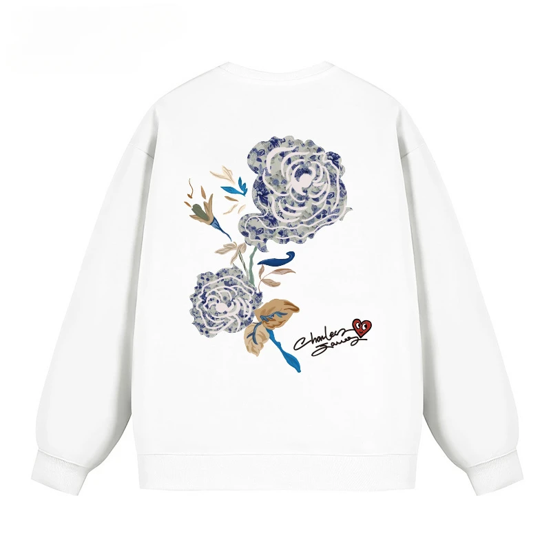 

Fashion Trend Celadon Style Flower Crew Neck Sweater Women's 2024 Spring and Autumn Pullover Inner Couple Long Sleeves