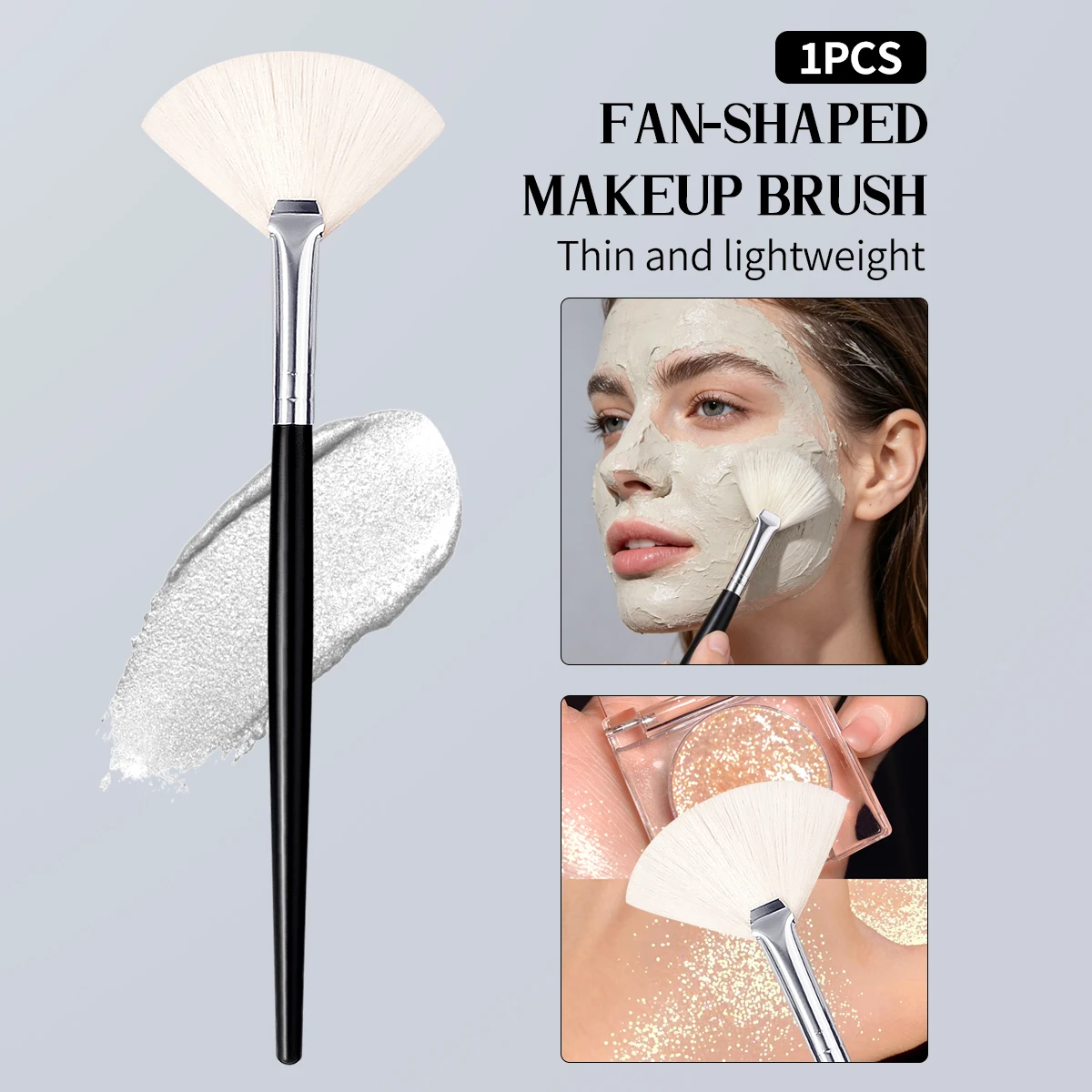 Pincel de Maquiagem em Formato de Leque Pequeno, Pincel Multiuso para Base, Blush, Contorno e Pó