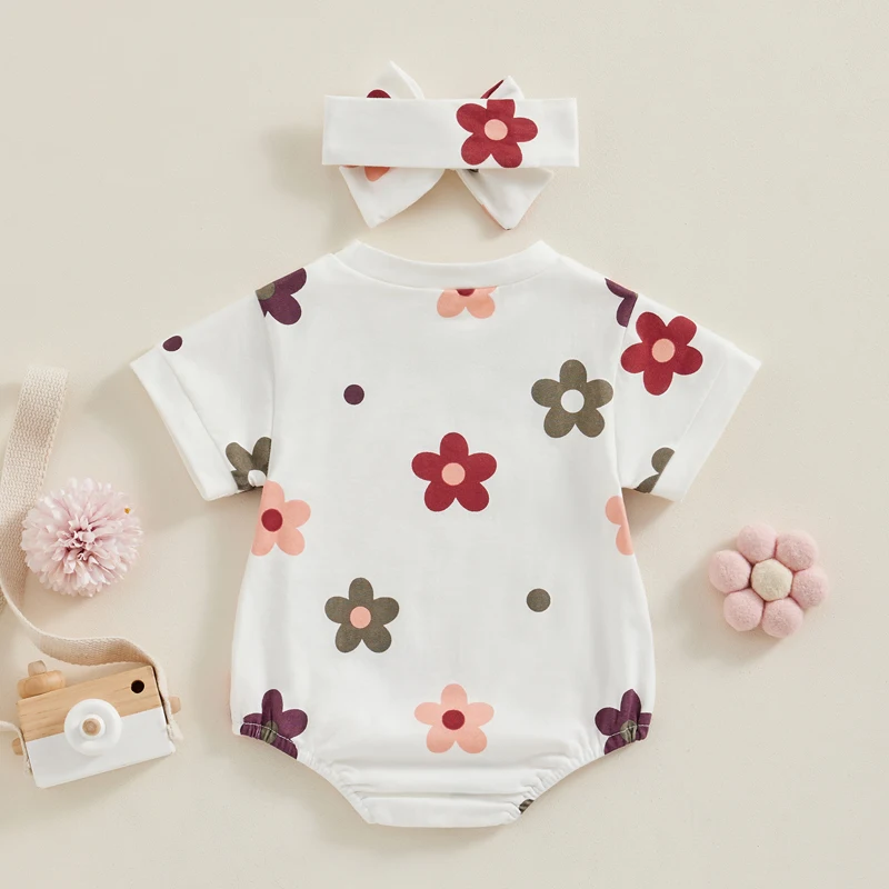 Infant Baby Girl Summer Jumpsuit Flower Print Round Neck Short Sleeve Romper with Bow Headband