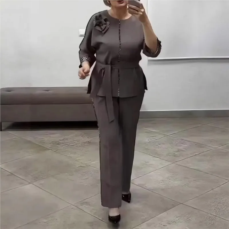 

Elegant Fashion Women Pants Set 2026 Summer Leopard Print Patchwork Three-dimensional Flower Casual 2 Piece Set Commuting