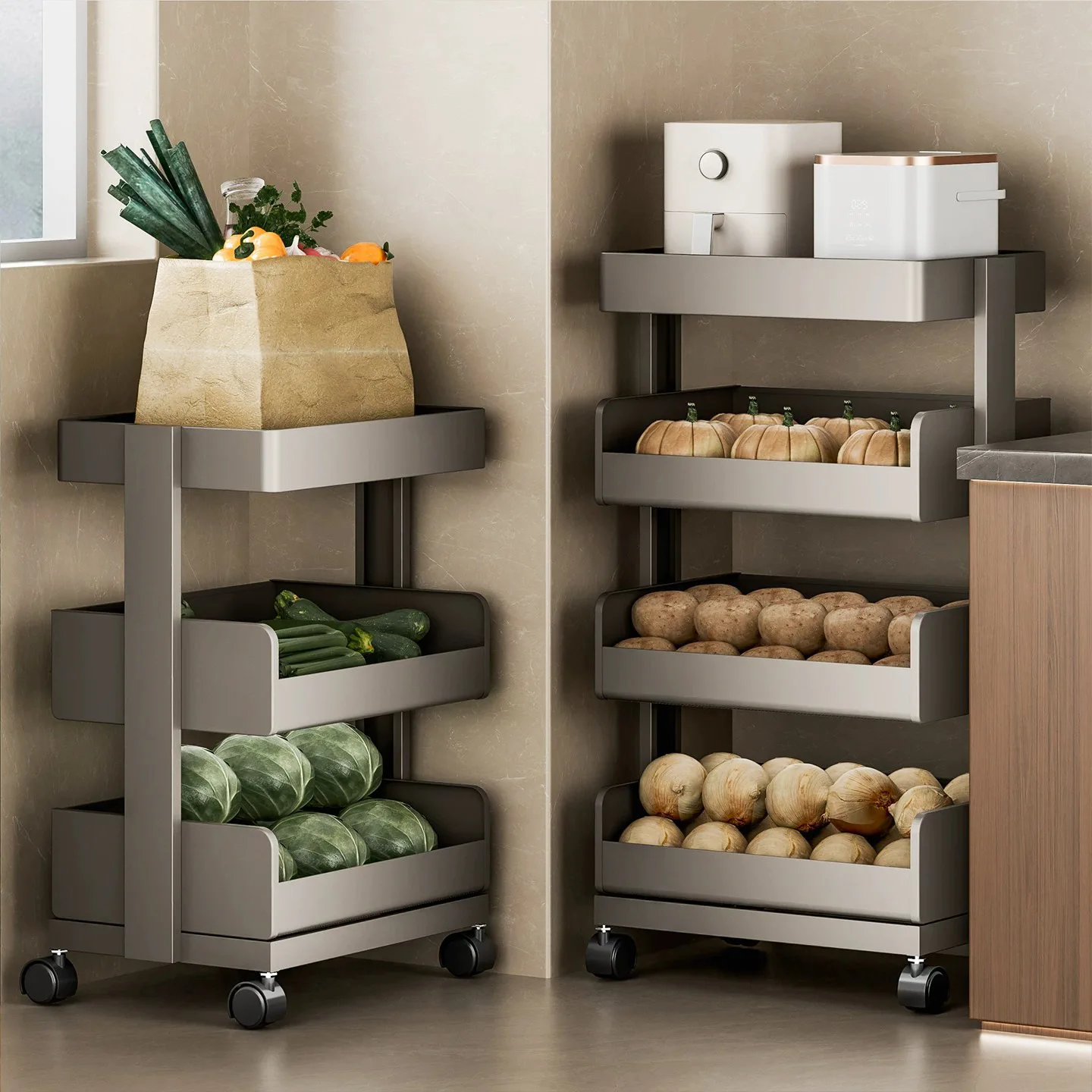 2026 New Storage Cart with Drawer Kitchen Multi-Layer Rolling Vegetable Rack