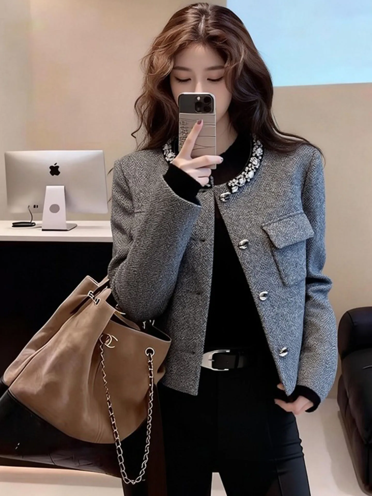 

Ele ey ort Coat Women's Faion Spring 2026 Luxury Sle Versatile Sli Open Cardigan Small Fraance Sle