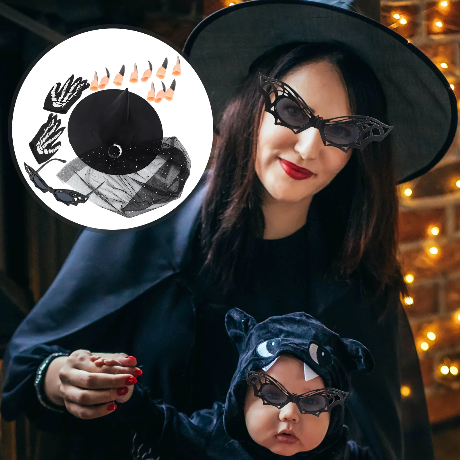 1Set Halloween Hexenhut Set Tragbare Sichere Material Cosplay Zubehör Gläser Handschuhe Gefälschte Nägel Party Liefert