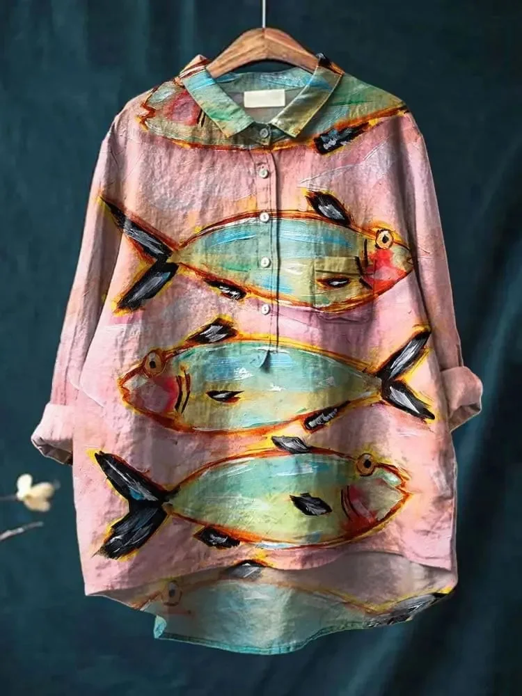 New Chinese Style Blue Dyed Plum Blossom Printed Men's Shirt Beige Loose Collar Seven Quarter Sleeved Shirt
