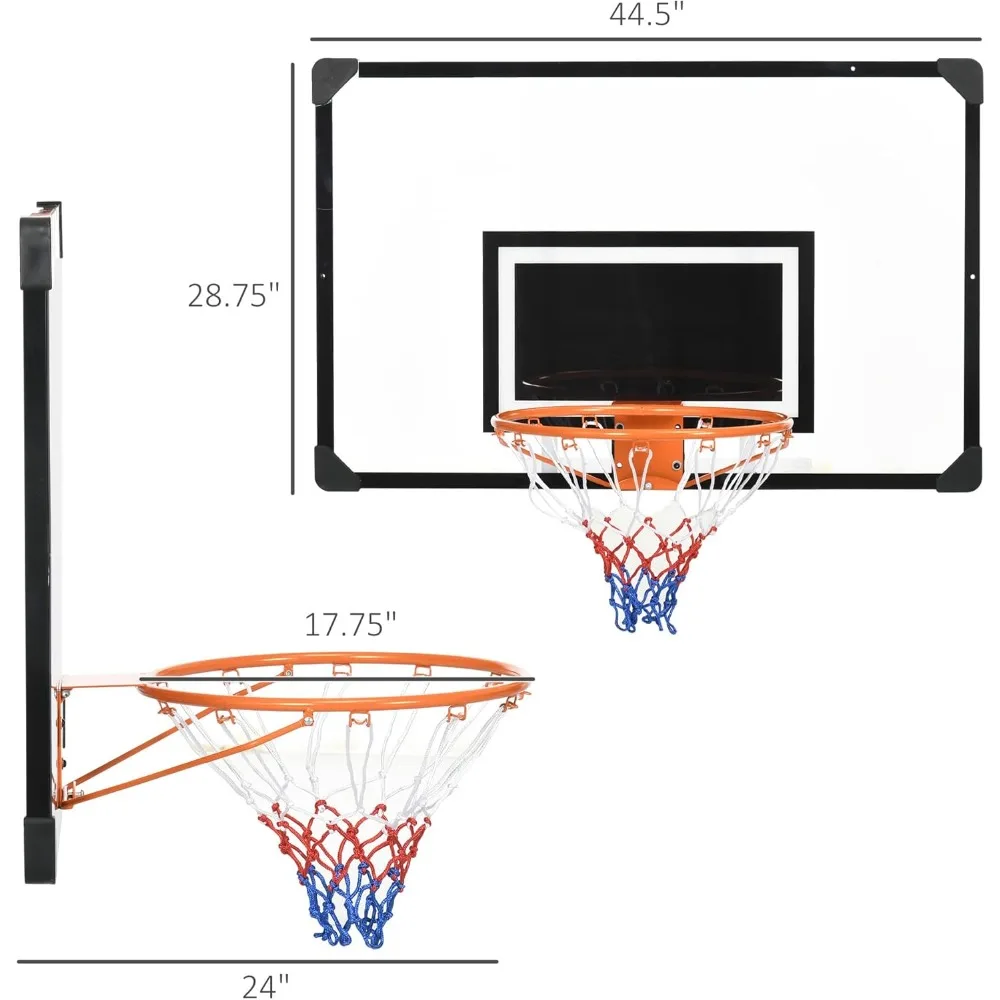 Wandgemonteerde basketbalstandaard voor binnen en buiten met 45x29 onbreekbaar bord, duurzame ring, net voor alle weersomstandigheden