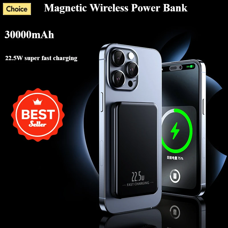 30000mAh Aluminum Alloy Magnetic Wireless Power Bank 22.W Super Fast Charging External Battery, Portable Charger for iPhone