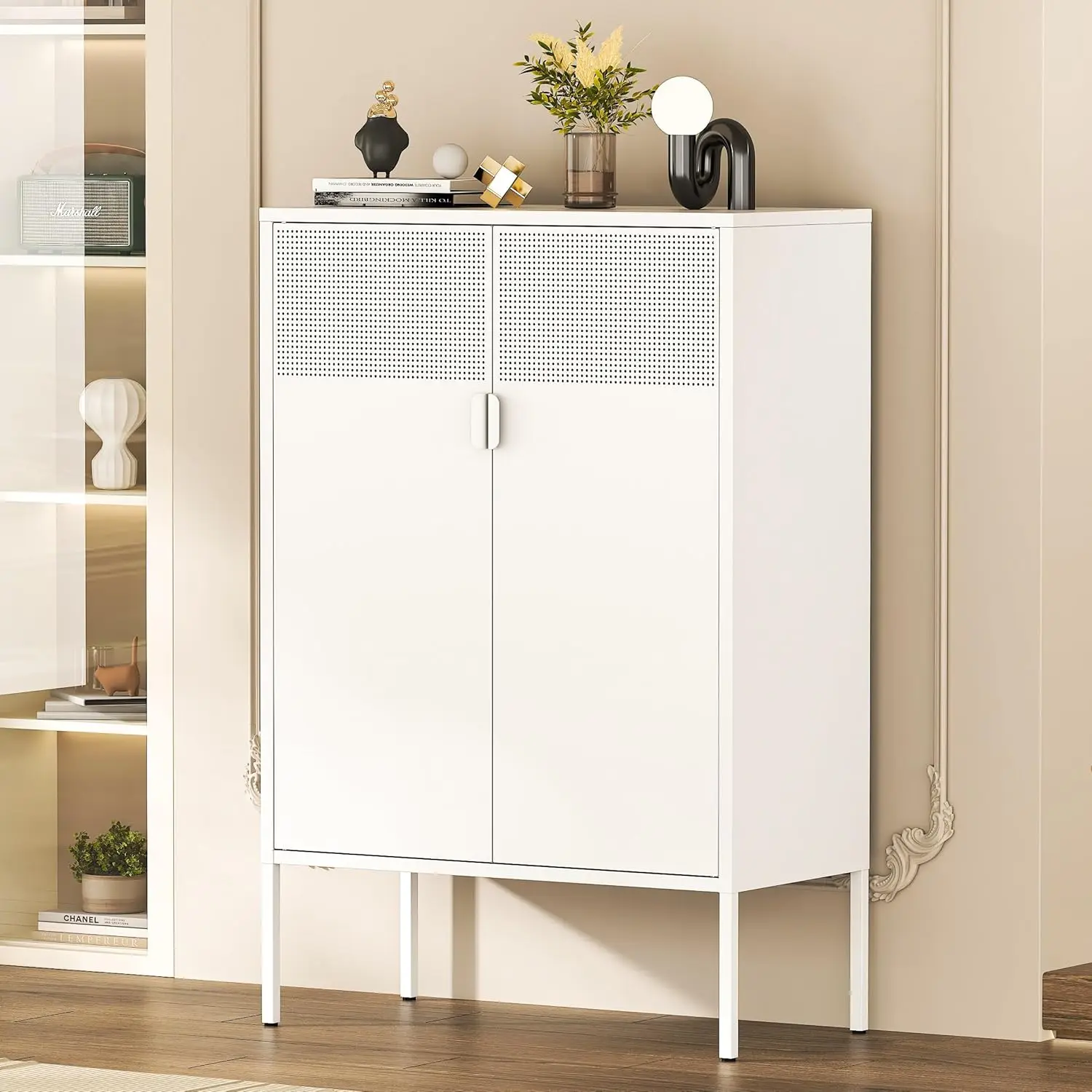 Metal Storage Cabinet,2 Door TV Stand, Metal Mesh Accent Cabinet,Magnetic Door Closure,Low Storage Cabinets with Doors a