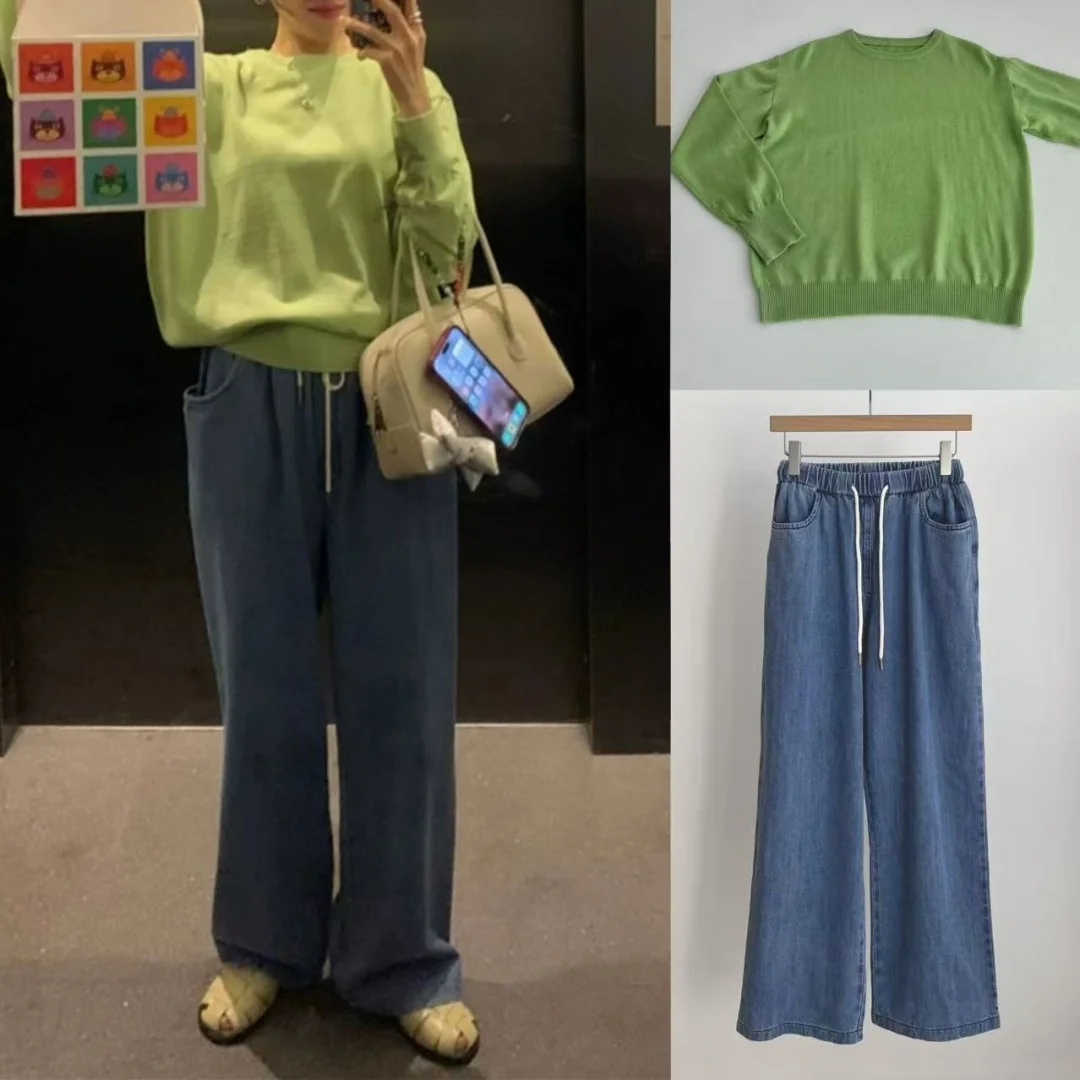 Setelan Dua Potong Wanita Sweater Rajut Lebar dan Celana Jeans Kasual Gaya Korea Koleksi Musim Gugur