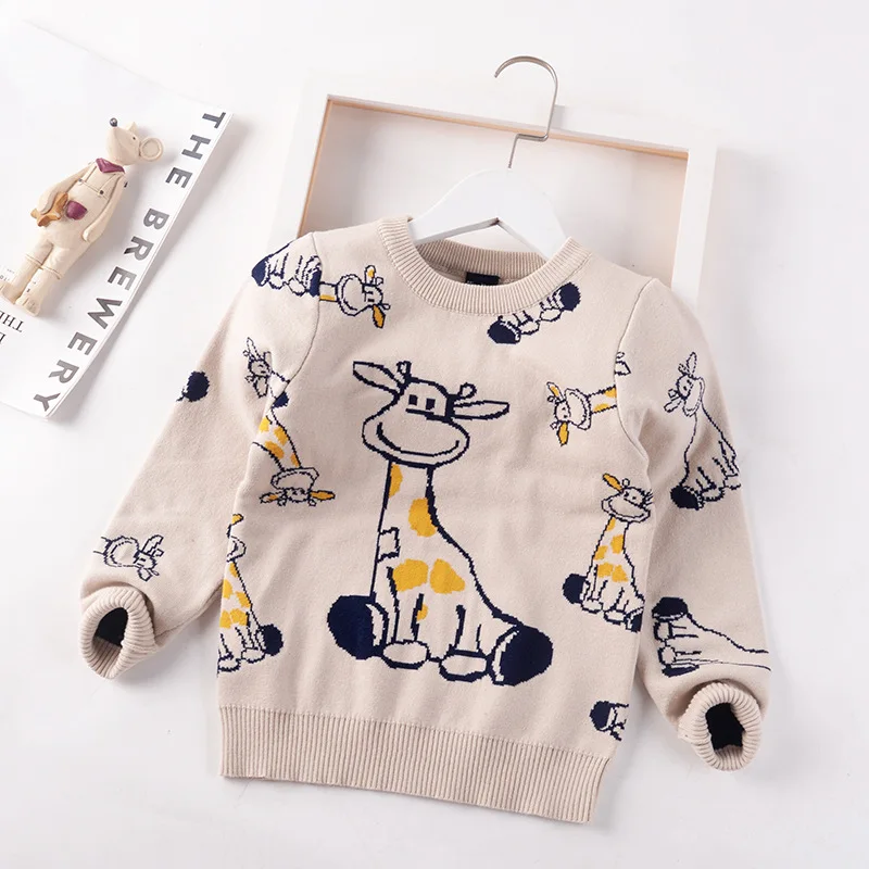 2024 Autumn Winter New Baby Boys Sweater Jumper Cartoon Giraffe Children Sweaters Toddler Pullover Fashion Kids Clothes 2-8y