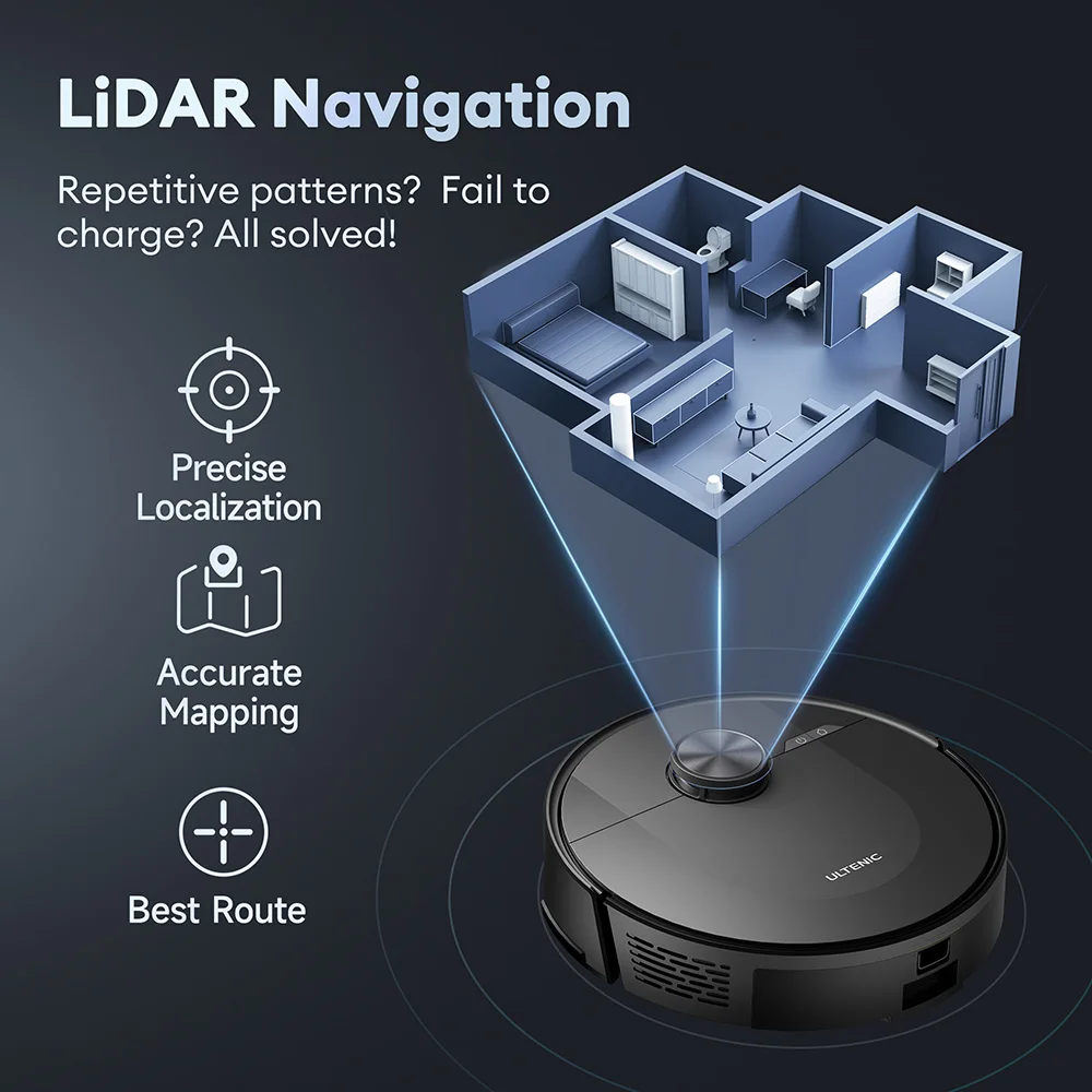 Ultenic D10 Robot Vacuum Cleaner, 15min LiDAR Quick Map, 4000Pa Suction, 120min Runtime, Carpet Auto-Boost, APP Remote Control