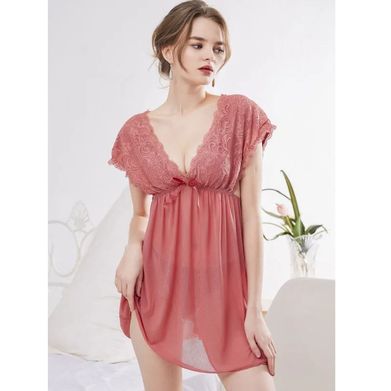 Sexy Lace Suspender Sleepwear Dress Thin Summer Nightwear Set Gauze Women's Lingerie Back Night Outfit Women Nightgowns