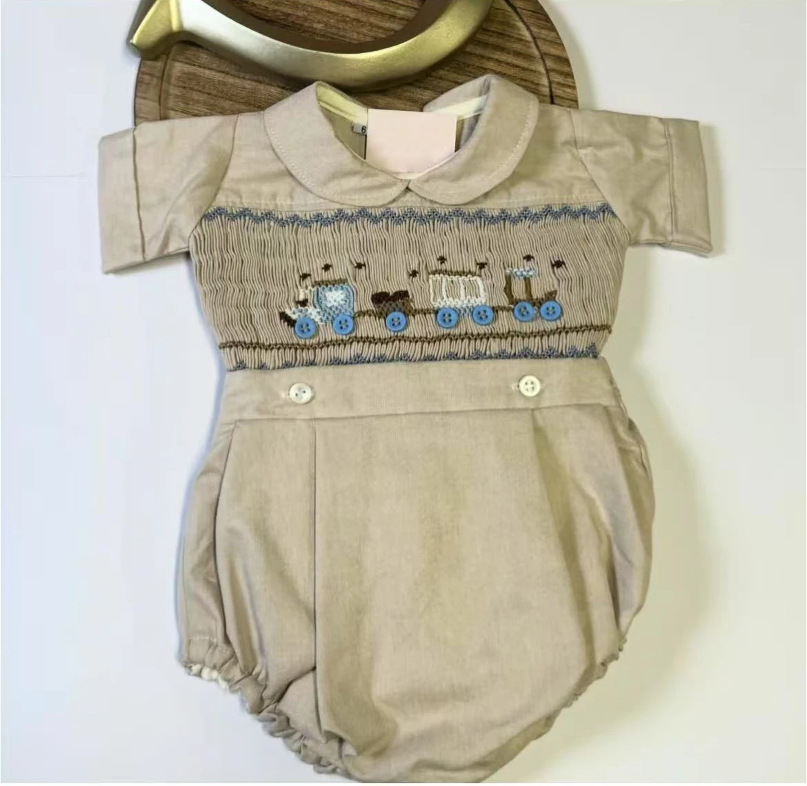 0-6Y Baby Boy Summer Short Sleeves Beige Handmade Embroidery Smocked Outfit Suit for Party Birthday Holiday A179