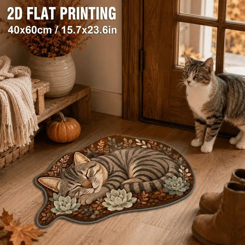 VIKAMA 2D Flat Printing Sleeping Tabby Cat Doormat Non Slip Washable Irregular Shape 40x60cm Indoor Entrance Decor Floor Rug