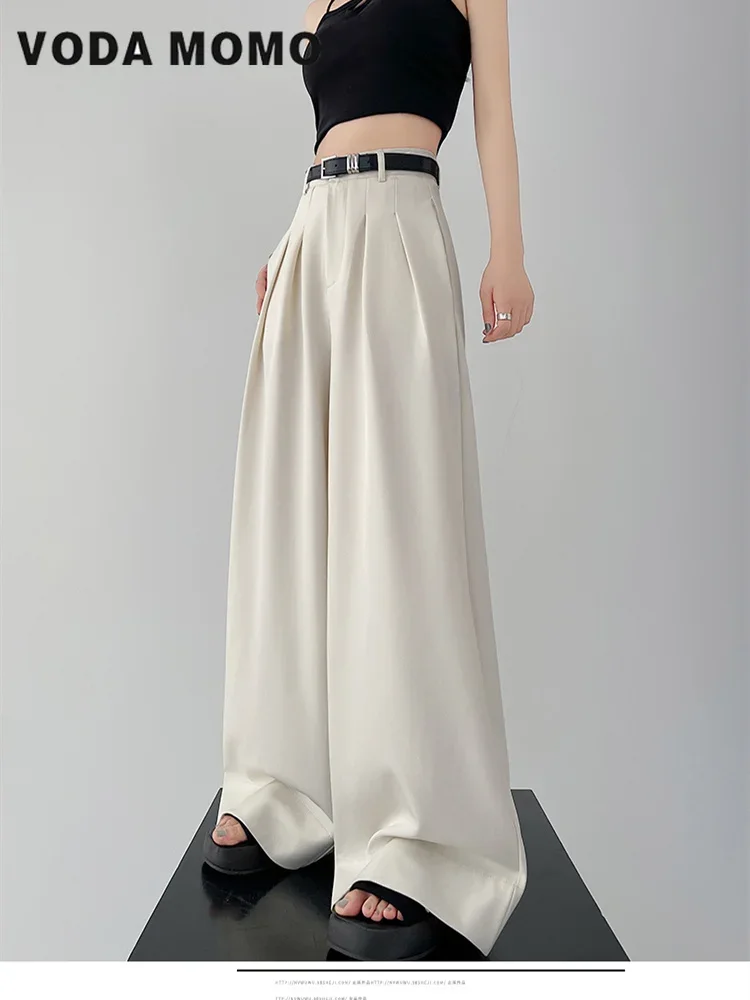 

2024 New Elegant Office Ladies Chic Straight Pants High Waist Belt Wide Leg Pants Fashion Baggy Korean All-Match Trousers Solid