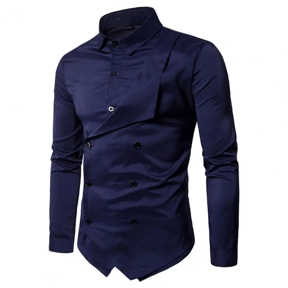 Men Work Clothes Stylish Men's Double Breasted Chef Shirt Slim Fit Lapel Design Autumn Fake Two Pieces Shirt Men Work Shirts