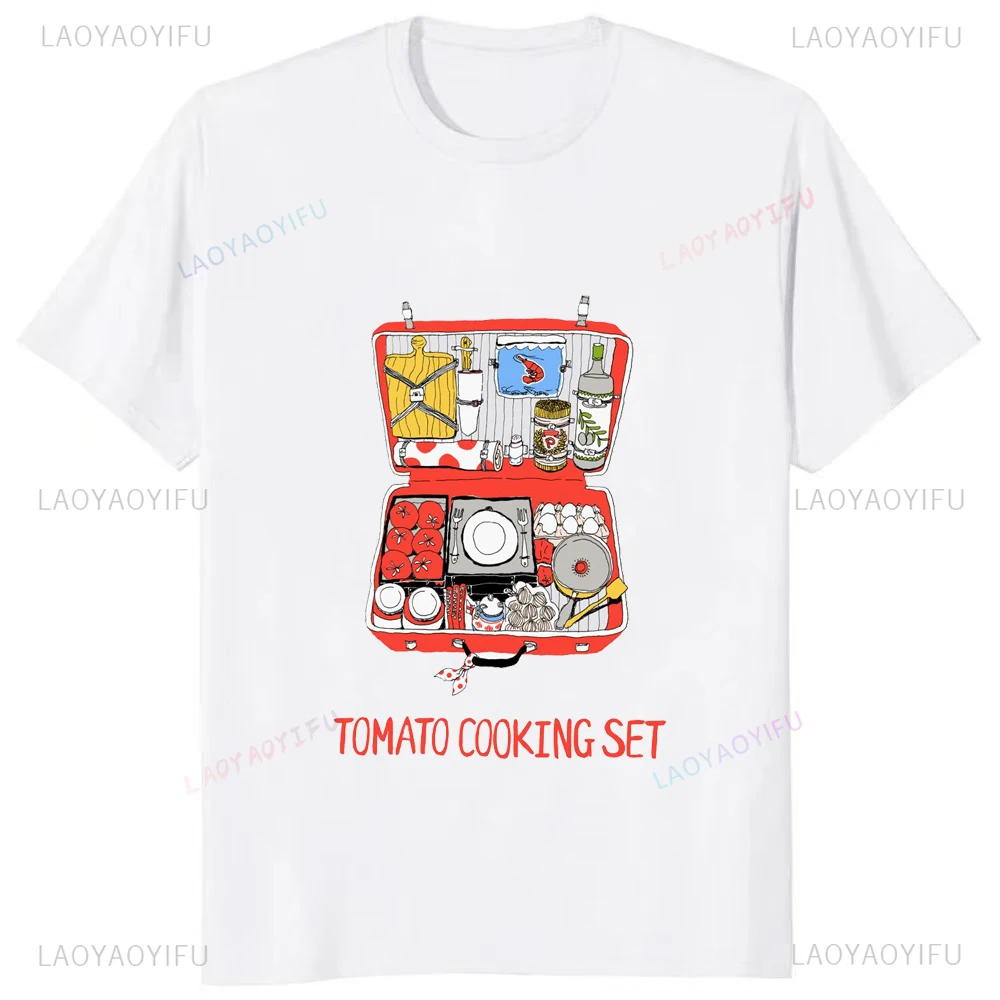 New Arrival Tomato Cooking Set Cartoon Printed Tees Fashion Casual Streetwear Hip-hop Hipster Loose O-neck Hot Sale Tops Tshirt