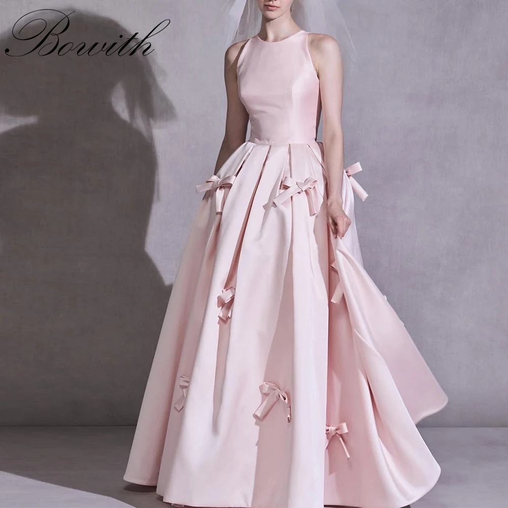 

Bowith Pink O-Neck Korean Wedding Dresses Sleeveless A-Line Bow Bridal Gown Customized Wedding Party Dresses Satin Evening Dress