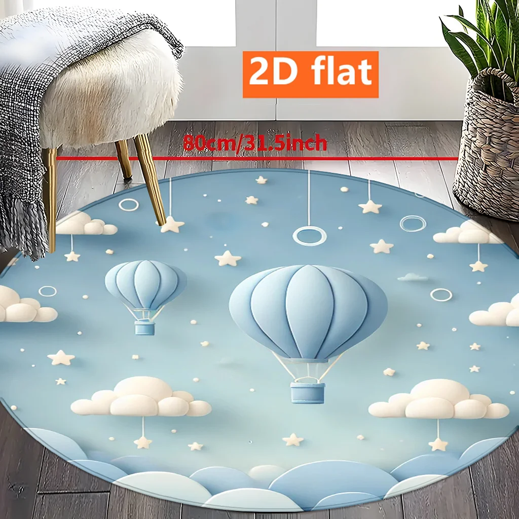 Hot Air Balloon Sky Round Rug Flannel Nursery Decor Baby Room Clouds Stars Dreamy Design Soft Floor Mat Children’s Gift