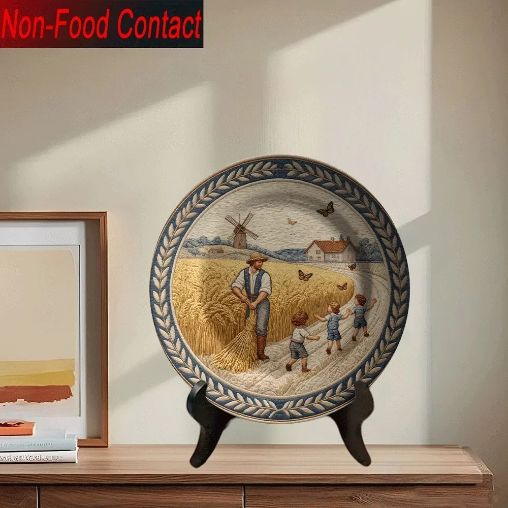 2D Flat, 1pc Ceramic Decorative Plate - Non-Food Contact, Rustic Harvest Scene with Farmer and Youngsters, Ideal for Home,