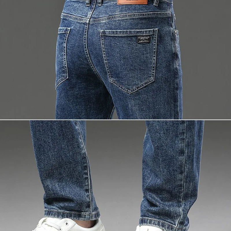 2025 Winter Warm Men's Fleece Thick  Pants Business Stretch Slim Fit Denim Pants Classic Casual Black Gray Blue Trousers