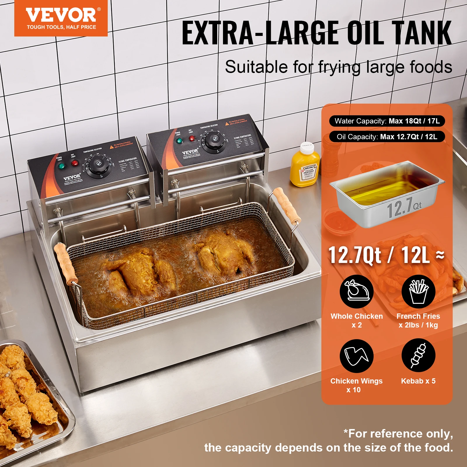 VEVOR Commercial Deep Fryer 3000W Electric Turkey Fryer Large Capacity 18Qt / 17L Stainless Steel Countertop Single Oil Fryer