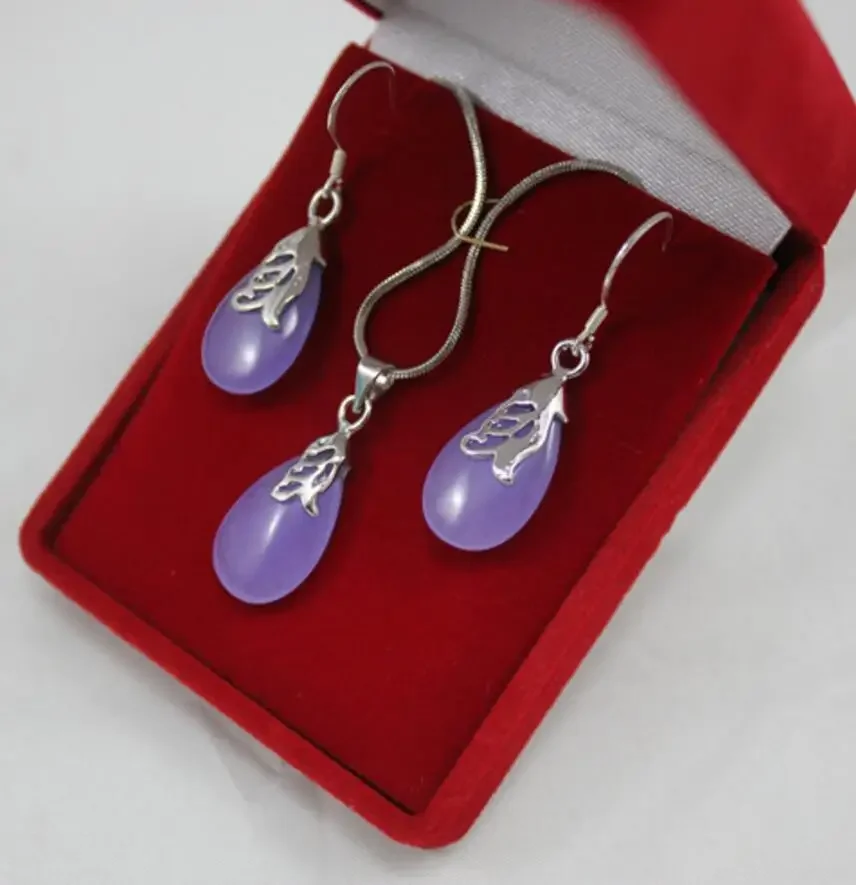

2 colors wholesale romantic green/purple silver plated waterdrop pendant & earring jewelry set