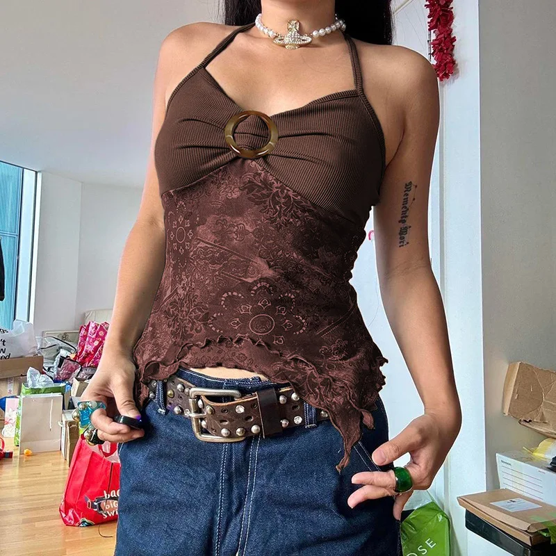 Girls' Forest Style Splicing Retro Printed Suspender Women's V-neck Retro Irregular Slim-fitting Halter Top