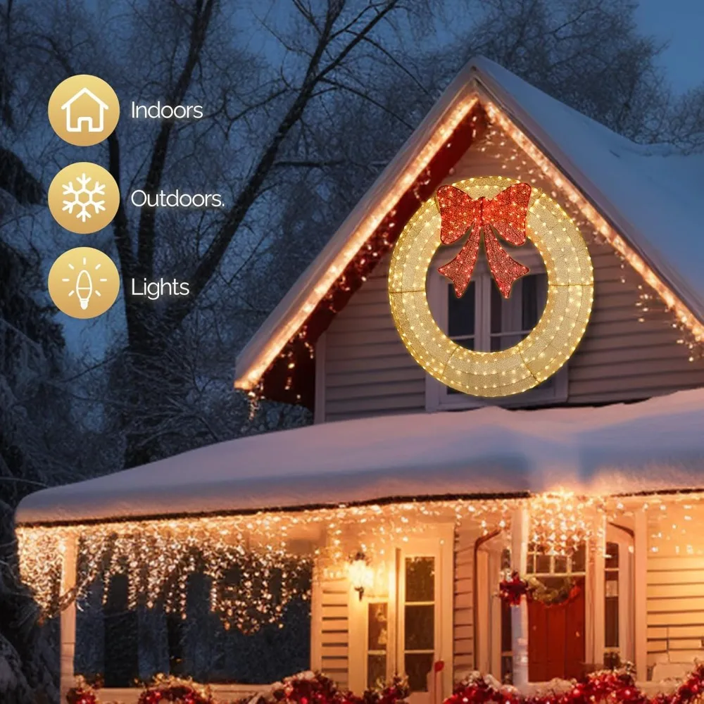 60 Inch Large Outdoor Christmas Wreath with 400 LED Lights, Pre-lit for Garage, Gold Decorative Wreath for Festive Season