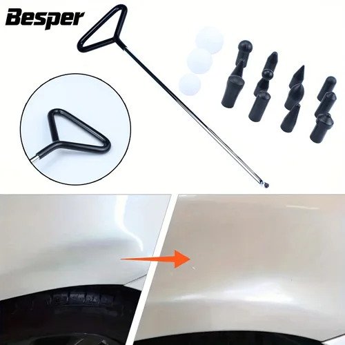 Juego de barra de palanca de múltiples cabezales para quitar abolladuras de carrocería, construcción metálica duradera, fija la mayoría de abolladuras de automóviles, incluye cabezales de repuesto