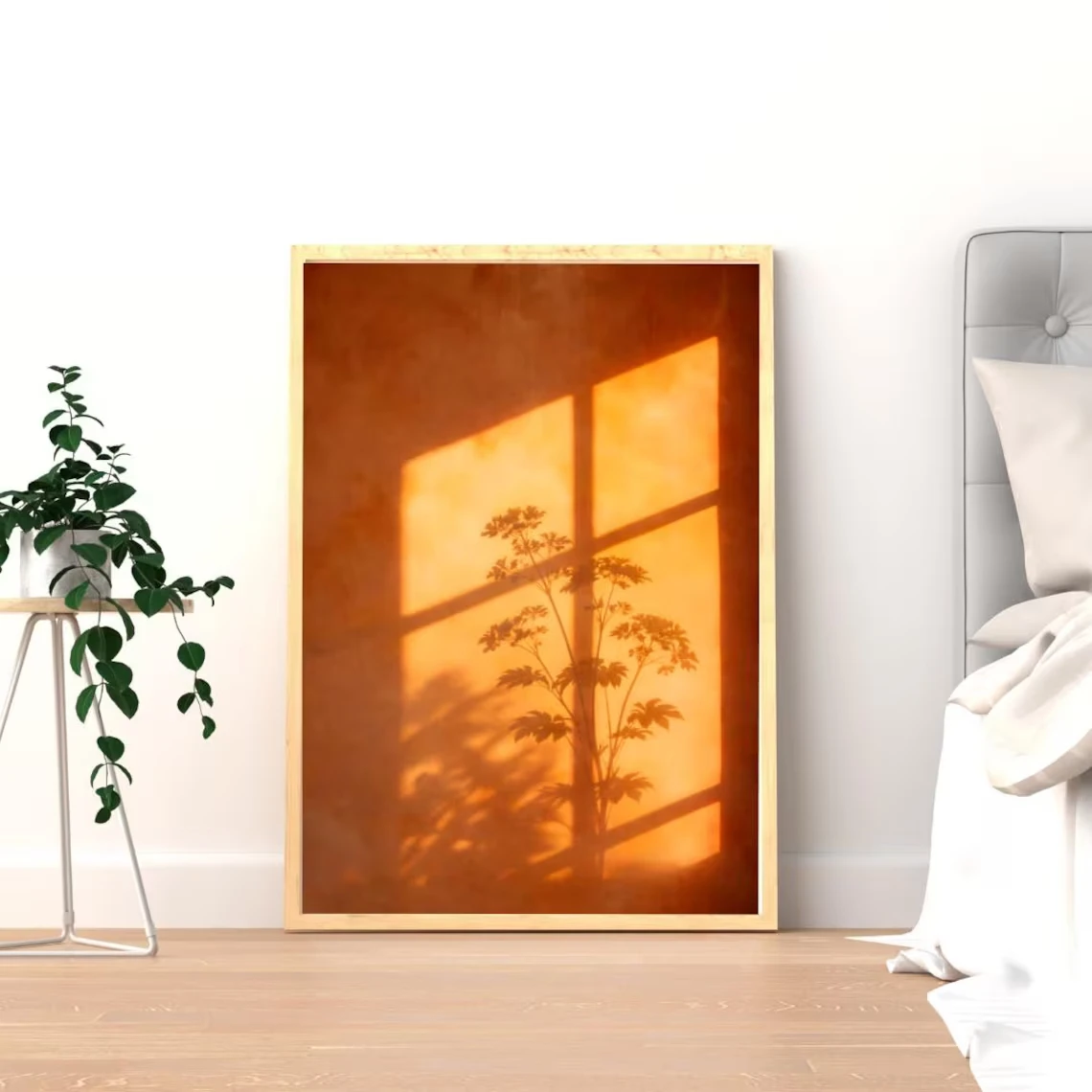 Sunset Window Shadow Botanical Wall Art Canvas Print Warm Terracotta Aesthetic Minimalist Nature Picture for Living Room Home