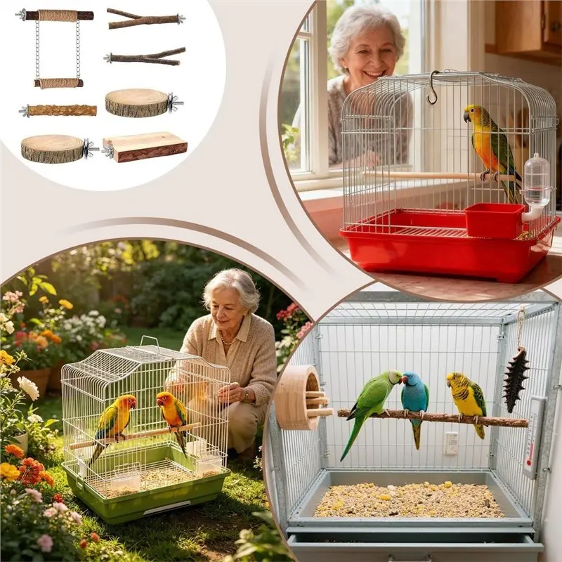 AB41-Bird Cage Perch Wooden Bird Tray Stand Set Natural Wooden Bird Shelf For Parrot Parakeet Cockatiel Rat Hamster