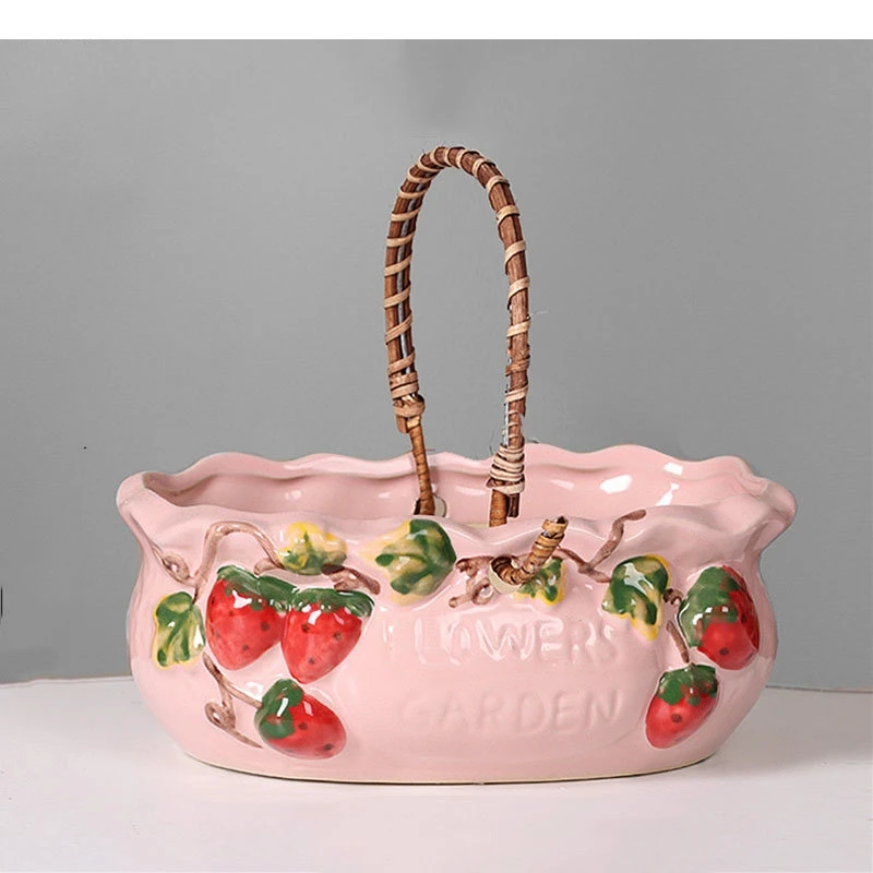 Strawberry Relief Tote Basket Flower Pots Ceramic Vase Desk Decoration Potted Plants Floral Vases Porcelain Flowers Arrangement
