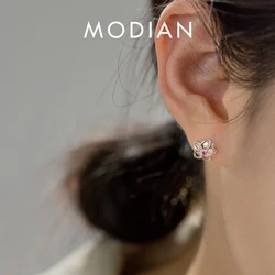 Modian Summer Beach 100% 925 Sterling Silver Pink Crystal Zircon Stud Earrings For Women Clear CZ Hollow Flower Silver Jewelry
