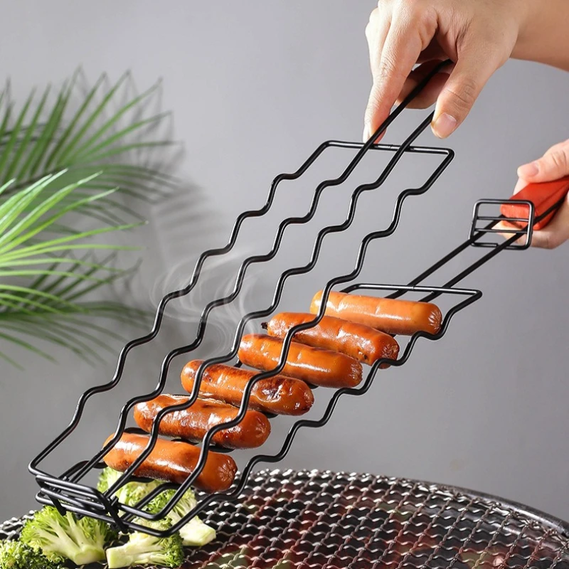Wood Handle Non-Stick BBQ Hot Dog Grill Tongs Multi-Functional Camping Barbecue Clamp for Sausage Ham Sausage Rack Grill Mesh