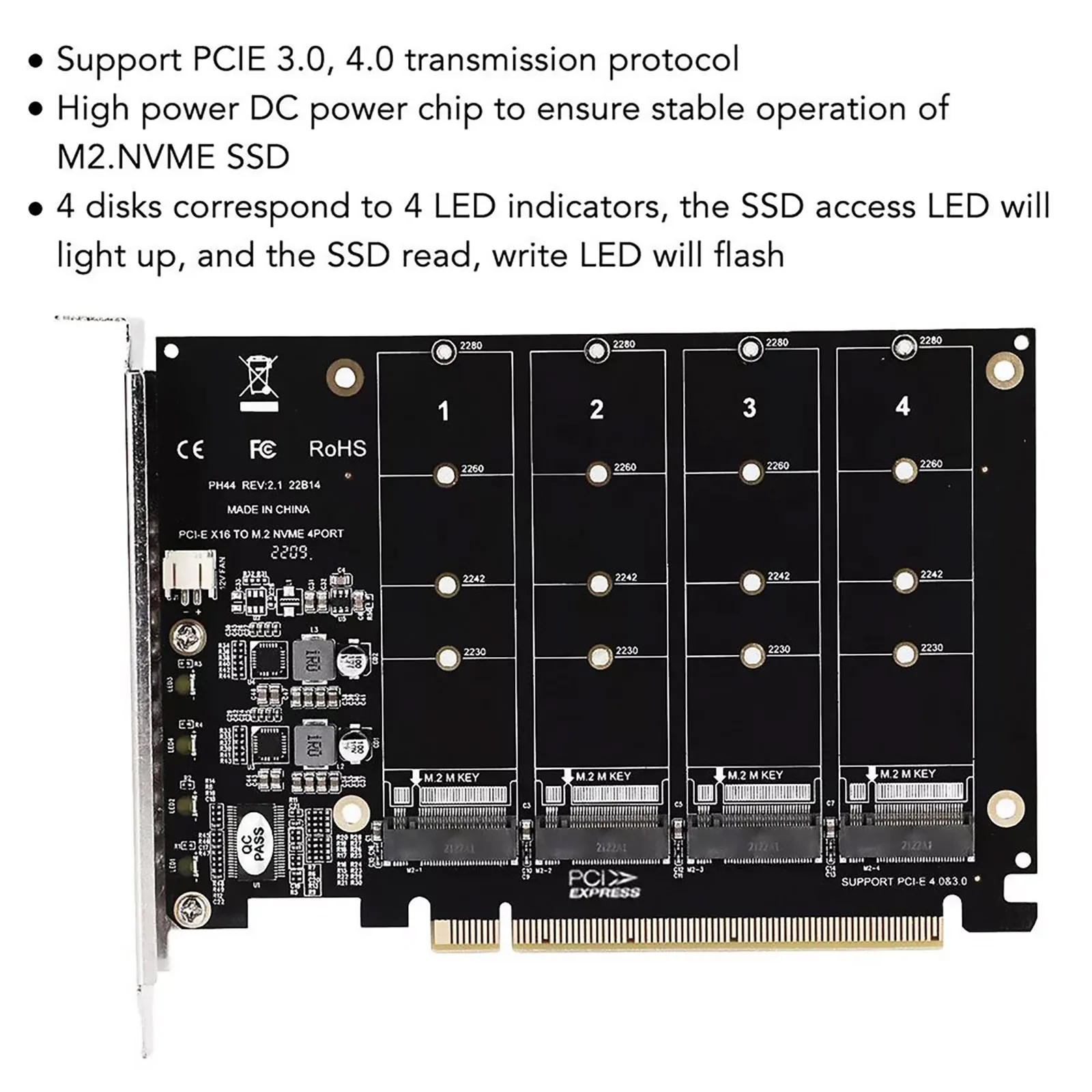 Quad 4 Port M.2 NVMe SSD to PCIe X16 Adapter Card, 4x32Gbps Expansion Card with LED Indicator for PCIe 3.0/4.0