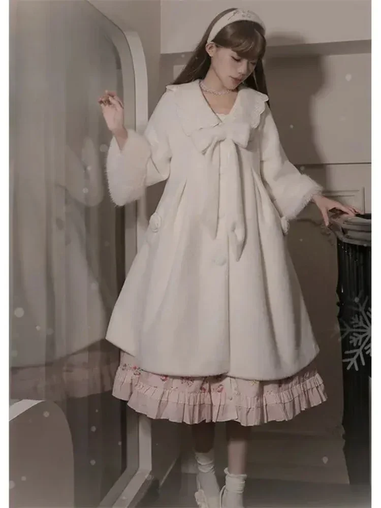 Women Japanese Bow Lolita College Style Elegant Warm Overcoat Female Design Outfits Winter Sweet Kawaii Plush Long Coat