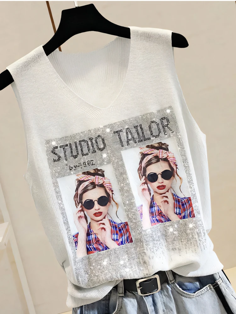 Summer Thin V-Neck Loose Knitted Vest Women's Sleeveless Top with Rhinestone Print Casual Commute Style Outerwear