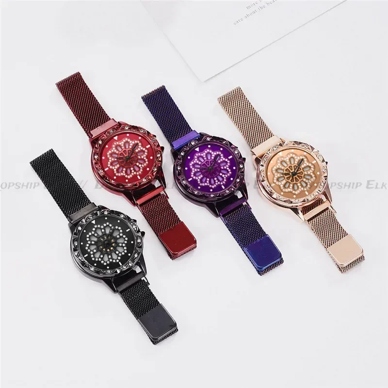 Women Watch Mesh Magnet 360 Degree Rotating Dial Ladies Watch Luxury Fashion Diamond Quartz Watch for Women Clock Relogio Femino