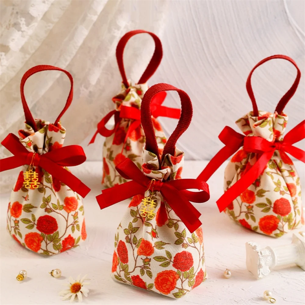 1pc Wedding Candy Bag Portable Canvas Gift Bag Party Wedding Goodie Packing Box Vintage Floral Handheld Gift Storage Bag