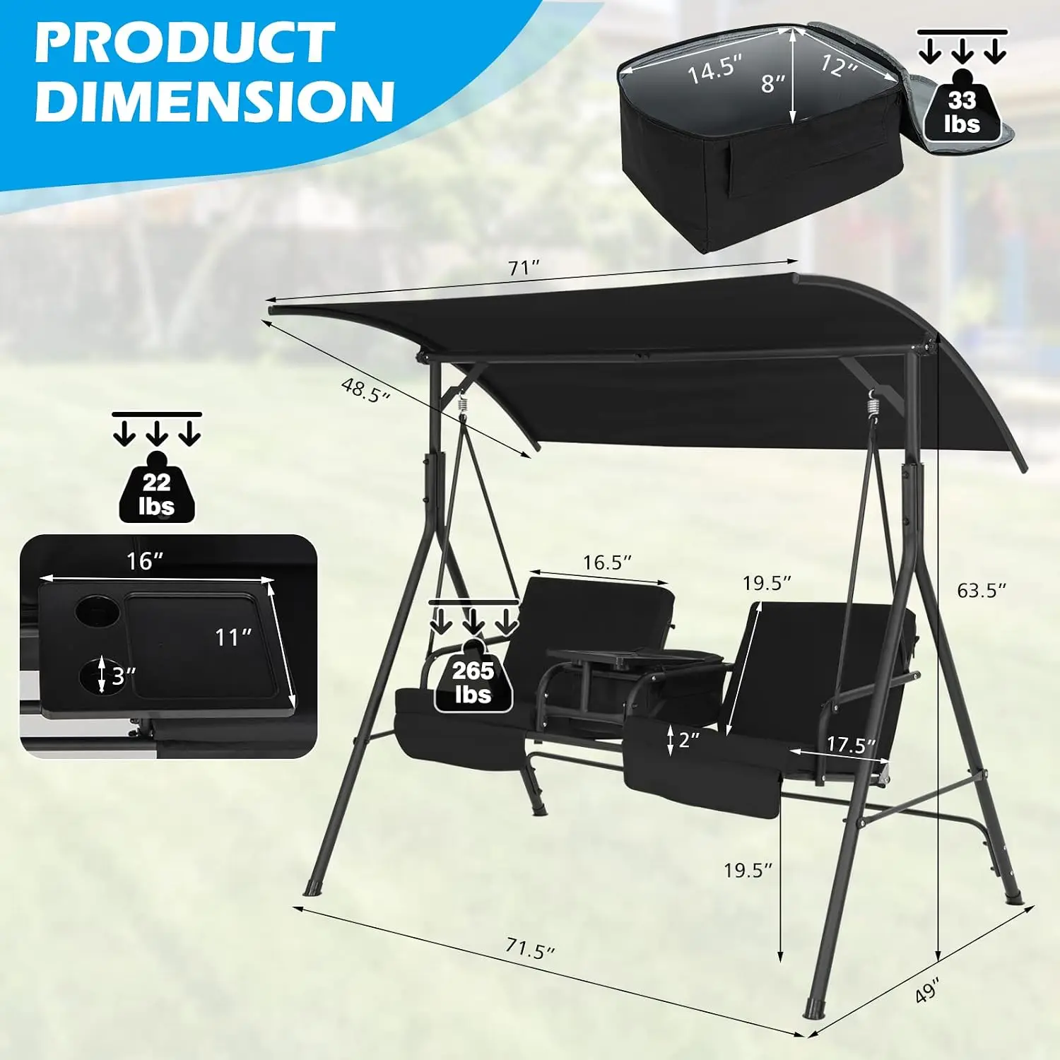 2 Person Porch Swing, Outdoor Swing with Pivot Storage Table, Cooler Bag, 2 Cup Holders, Removable Cushions, Customized