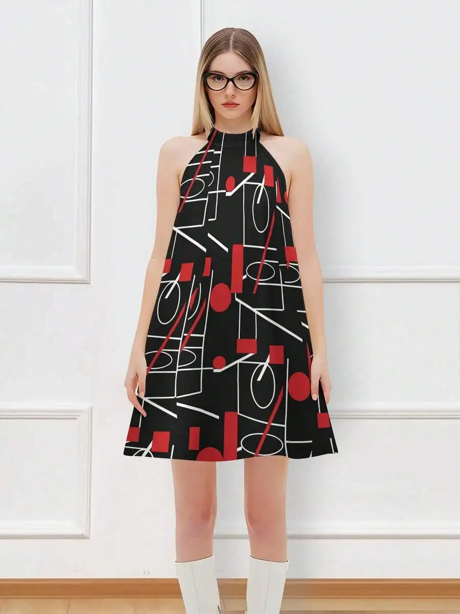 

Geometric Abstract Print Women Halter Neck Dress Red Black White Casual Summer Knit
