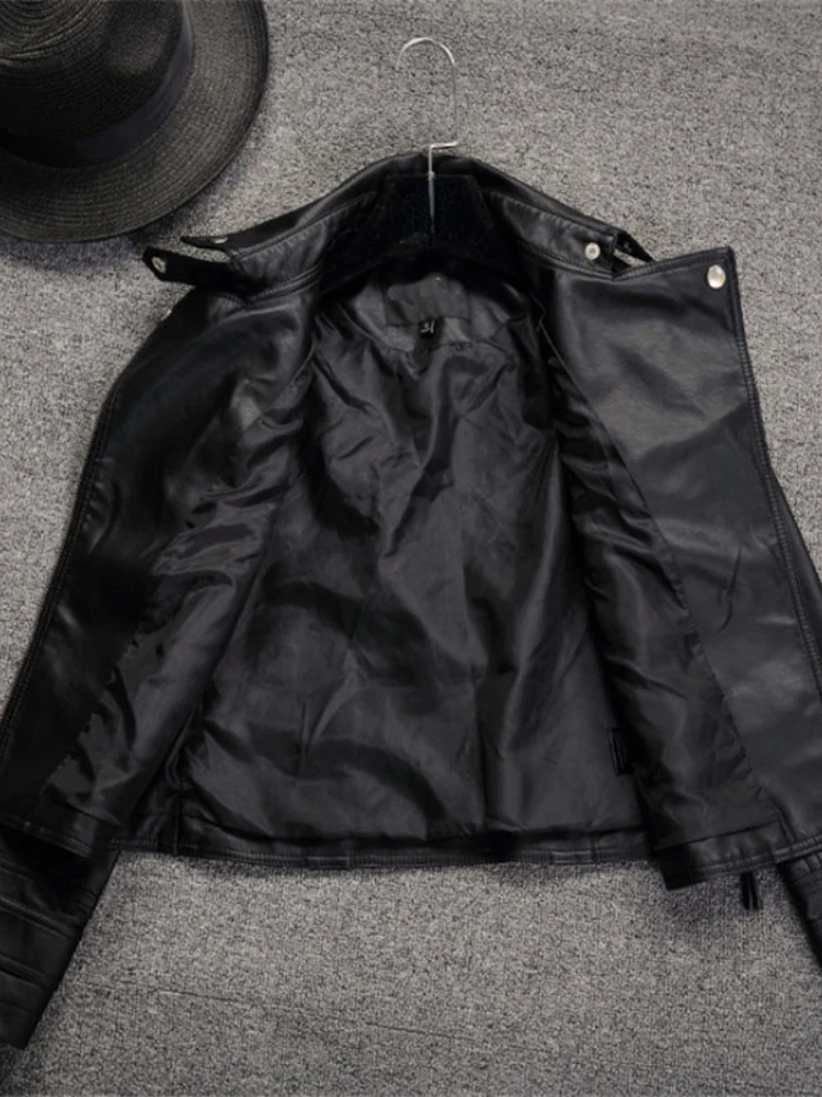 Imagem -03 - Jaqueta de Couro pu Feminina Cabolsa Curto Preto Gola Fina Outwear de Motocicleta Falso Casual Primavera Outono Novo 2023