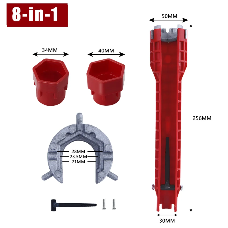 8-in-1 Multifunctional Faucet Wrench – Portable Plumbing Tool, ABS & Aluminum Alloy, Built-in Bubble Level, Red, For Sinks, Toilets & Kitchens