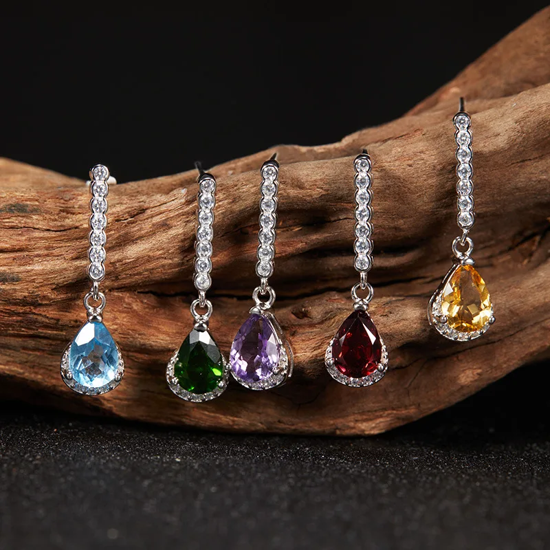 

S925 Sterling Silver Natural Garnet Topaz Citrine Amethyst Gemstone Tassel Earrings For Women Luxury High-End Ear Studs