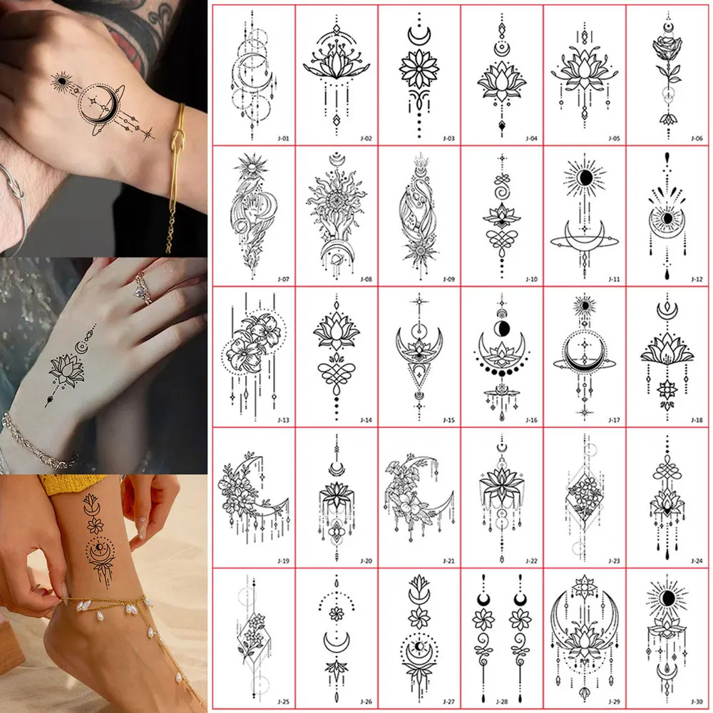 30pcs Temporary Tattoo Stickers  Sun  Moon Lotus Small Pattern Waterproof Tattoo Stickers Suitable For Adult Men And Women