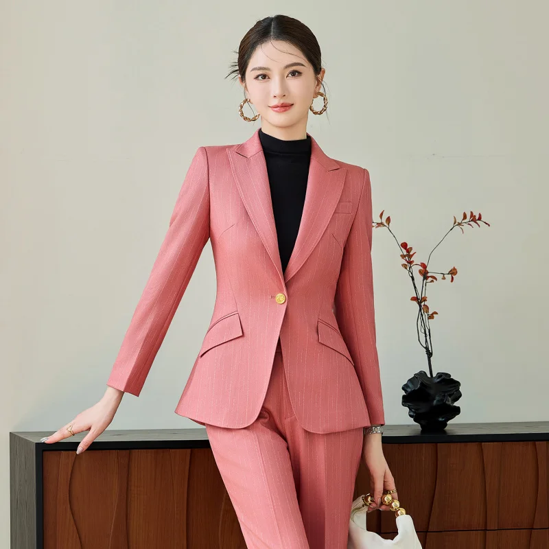 

Женский пиджак2025Новый розовый полосатый костюм, комплект из двух предметов, элегантный светский высококачественный профессиональный комплект одежды