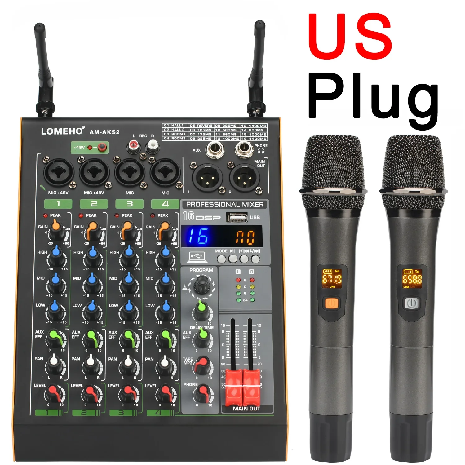 LOMEHO 4 Channel Mixing Console 16 Effect Bluetooth Sound Audio Mixer with 2 Adjustable Frequency Wireless Microphone AM-AKS2